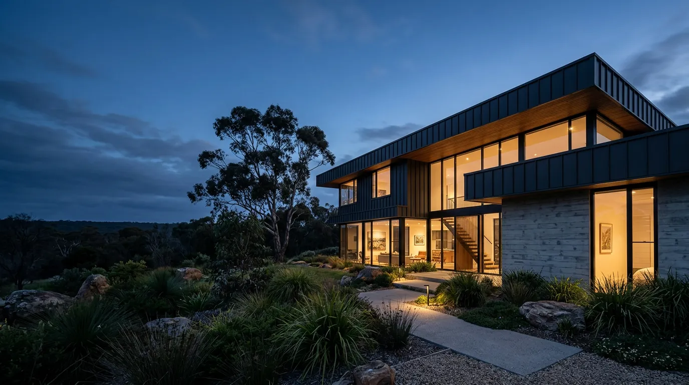 Contemporary Australian home at dusk with dark cladding, concrete and warm glazing